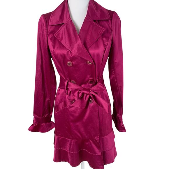 Vintage Rampage Size M Satin Double-Breasted Belted Trench Coat Fuschia Berry - Picture 1 of 14